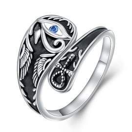 HOOHWE 925 Sterling Silver Eye of Horus Open Adjustable Ring for Women Evil Eye Rings Cross Spoon Ring Vintage Jewelry Gift for Women Men