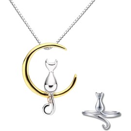 Genérico - Set de Collar y Anillo Ajustable de Gato en Plata, Joyería Moderna para Mujer, Regalo Especial para Cumpleaños y Aniversarios