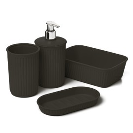 Superio Ribbed Collection - Decorative Plastic Bathroom Accessories Set, Brown (Set of 6) Soap Dish, Liquid Soap Dispenser, Toothbrush Holder, Organizer Bin, Vanity Tray, Toilet Brush - Bath Decor