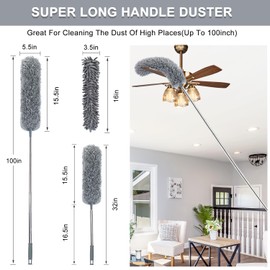 100" Feather Dusters, Microfiber Duster with Extension Pole, Gap Dust Brush, Long Cleaning Tools for Car, Ceiling Fan, Furniture, Blinds, Wall