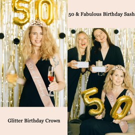 CURASA Birthday Sash and Crown for Women 50th Birthday Sash Rose Gold Birthday Crown Adult Women Rhinestone Birthday Tiara Rose Gold 50 & Fabulous Sash Birthday Decoration for Party Gifts