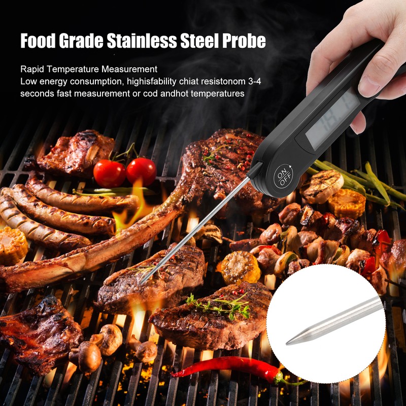 Folding Alarm Thermometer Electronic Barbecue Thermometer Food Temperature Measuring MeterBlack