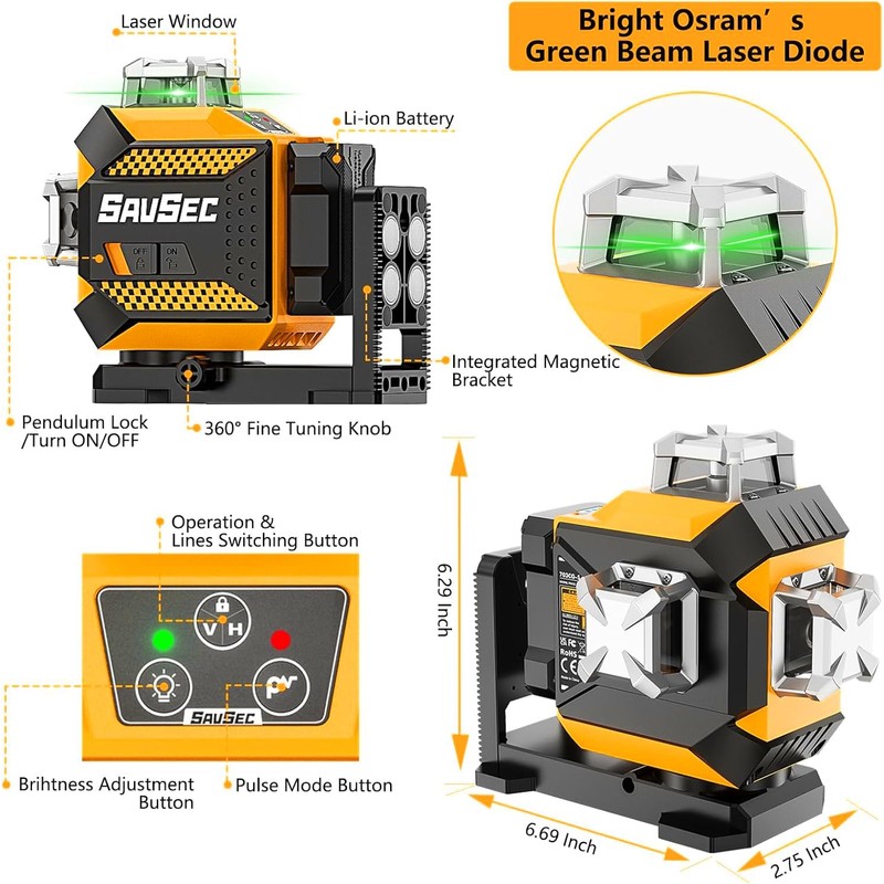 Laser Level 360 self leveling, SAVSEC 3 x 360° Brightness