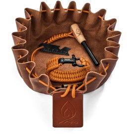 Texas Bushcraft Fire Starter Survival Kit - Ferro Rod Flint Fire Steel, Striker Tool | Cowhide Leather Tinder Bag | Emergency Paracord Bracelet Camping Gear (Burnt Orange, XL)