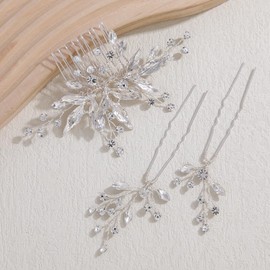 Famihot Hair Accessories, Crystal Comb, U Pins, 5-piece Set, Tree Leaf Motif, Bride Hair Headdress, Handmade Wedding Headdress Yukata, Kimono, Hair Ornament, Flower, Wedding, Reception, After-party