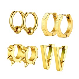 GoldChic Jewelry Men's Gold Plain Earrings Sets, 4 Pairs Octagon/Triangle/Razor/Bead Charm Simple Earrings Pack
