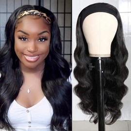 Feibin Headband Wig Human Hair Wigs for Black Women Human Hair Headband Wig Body Wave 18 Inch Wear and Go Wigs Glueless Human Hair Wig Machine Made None Lace Front Wig Natural Black Color 150% Density Mothers Day Gifts