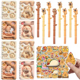 Yhjxly Capybara Stationery Set, Capybara Party Bags, 8 Mini Spiral Notepads, 8 Cartoon Neutral Pens, 50 Capybara Themed Stickers, Capybara School Office Supplies, for Girls and Boys, Pack of 66