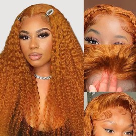 VICYAO 34 Inch Ginger Wig Human Hair 13x4 Ginger Orange Lace Front Wigs 200% Density Deep Wave Lace Front Wigs Human Hair Orange Curly Wig Ginger Frontal Pre Plucked for Women
