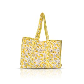 Handmade Floral Cotton Tote for Women | Lightweight Travel Bag With Durable Straps | Eco-Friendly Multipurpose Carry-On Bag (Yellow)