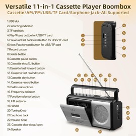 DGXWLLW Portable Cassette Player Boombox AM/FM Radio Stereo, Vintage Casette Tape Player Recorder with Loud Speaker and 3.5mm Earphone Jack Powered by AC or 4 C Battery for Home or Outdoor