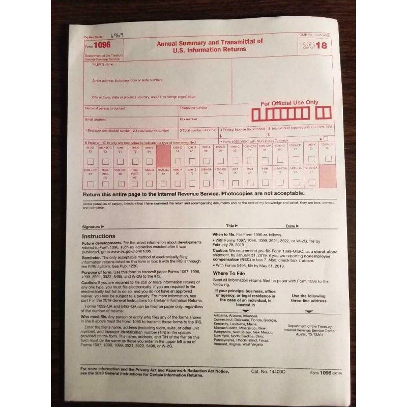 Unbranded 2018 IRS 1099-MISC Forms (for 2 recipients)-Fo