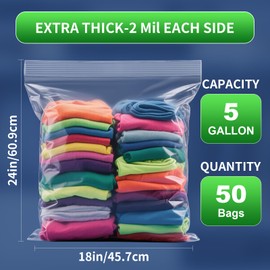 TUXIYA 50PACK 5 Gallon Large Zipper Bags for Storage 18 x 24 Inch, Large Clear Zipper Bags Reusable with Sealable Zippers Top for Clothes, Travel & Moving,Thick 4 Mil