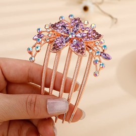 Jumwrit Wedding Crystal Hair Comb Leaf Colorful Rhinestone Spray Flower Hair Side Comb Rose Gold Hair Clip Comb Floral Vintage Bride Bridesmaid Headpiece Bridal Hair Jewelry for Women Girls(Purple)