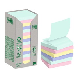Post-it Recycling Notes Assorted Colours, Pack of 16 Pads, 100 Sheets per Pad, 76 mm x 76 mm, Green, Pink, Blue, Yellow - Self-stick notes made from 100% recycled paper