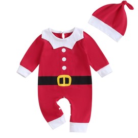 Newborn Baby My First Christmas Outfit Boy Girl Elf Santa Claus One Piece Romper Jumpsuit with Hat Infant Xmas Outfit (A Red 2, 6-12 Months)
