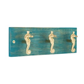 The Woodbury Lane Coastal Wall Mounted Coat Rack with 3 Polished Brass Seahorse Hooks for Hanging, Distressed Hook Rail for Hat & Coats, Nautical Beach Themed Organizer for Entryway & Bathroom