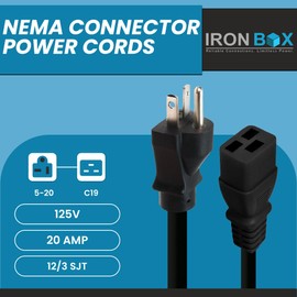 IronBox Electric 5-20P to C19 Power Cords - 20A, 125V, 12/3 SJT - UL Listed Extension Cable Adapter - Power Supply Cables- Heavy Duty Plug and Cord for Computer, PDU, Data Centers & More (8ft, Molded)