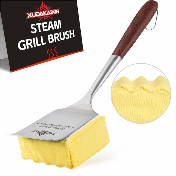 XUDAKAIXIN Bristle-Free Steam Grill Brush,with Extended Luxurious Rosewood Handle,Unique Seamless-Fit