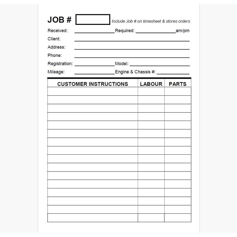 Repair Job Cards x100 - Garage Workshop Job Costing Sheets