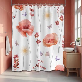 soeeao Coral Watercolor Floral Shower Curtain White and Coral Spring Summer Modern Minimalist Flower Shower Curtains for Bathroom Decor, Waterproof Cloth Fabric with Hooks, 70x72 in