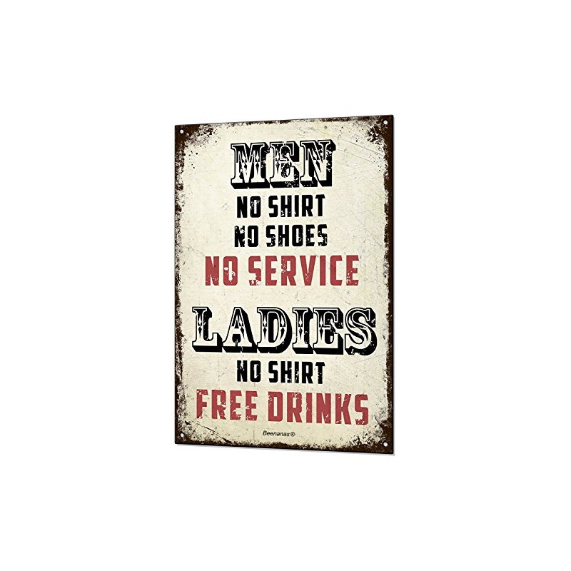 Ladies No Shirt Free Drinks Metal Sign Funny Retro Tin