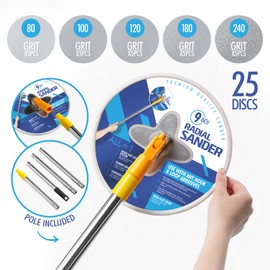 Radial Sander - 9 Inch Drywall Sander for Home Improvement Renovations, Includes 25pcs Wall Sanding Discs & Extension Pole, 360 Circular Sander, Pole Sander for Dry Wall & Painting Projects