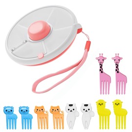Hnonoxy Portable Snack Box for Rotating Snack Box with 5 Compartments for Children, Rotating Snack Organiser with Animals Fruit Forks for Outdoor, Family, Party, Afternoon Tea (Pink)