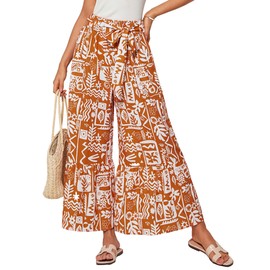 GRACE KARIN Womens Wide Leg Flowy Pants Casual 2025 Elastic Waist Loose Flowy Palazzo Beach Pants Trousers with Pockets Orange Floral XL