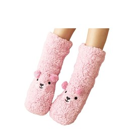 Women Winter Warm Super Soft Crew Socks Sleeping Cute Animal Socks Fuzzy Indoor Non-slip Slipper Socks (AU, Alpha, One Size, Regular, Regular, Pink)