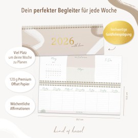 KIND OF HAZEL Desk Calendar 2026 Landscape Weekly Planner with To-Do Lists, Notes, Birthday Calendar, Affirmations, Spiral Bound, Gold Foil Embossing Desk Calendar, Beige