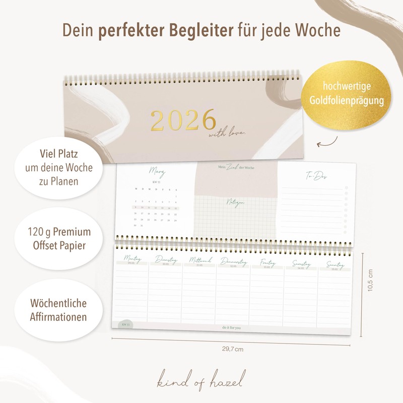 KIND OF HAZEL Desk Calendar 2026 Landscape Weekly Planner with