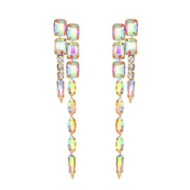 BriLove Geometric Long Earrings Crystal Rhinestone Marquise Rectangle Emerald Cut Chandelier Drop Statement for Women Party Prom Iridescent AB Gold-Tone