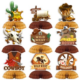 9 PCS Wild Western Party Decorations, KSKSPE Western Centerpieces for Tables Cowboy Honeycomb Centerpieces 3D Cowboy Western Theme Birthday Party Decor Supplies Boys Girls