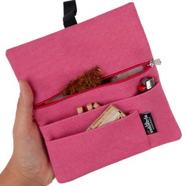 Tabaktasche für 30-50g 'Vulcano' - Wasserabweisender Tabakbeutel für Drehtabak mit Fächern für Filter, Blättchen und Feuerzeug (Erdbeere)