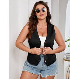 ShopWonder Womens Plus Size Button Vintage Vests Jacket V-Neck Faux Suede Cardigan Outerwear with Pockets,2XL,Black
