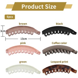 Yeomju Pack of 6 13 cm Banana Clips for Women, Large Vintage Hair Clips for Thin, Fine and Thick Hair, Non-Slip Banana Claw Clips, Black, Brown, Leopard, Green, Pink, Coffee