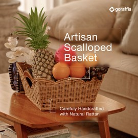 Goraffia Scalloped Wicker Basket with Handles – 11.5"x11.5"x6" Handwoven Rattan Decorative Storage Bin for Bedroom, Bathroom & Home Use (Honey)