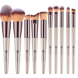 HEYMKGO- Juego de brochas de maquillaje profesional: contiene 10 brochas y una bolsa de almacenamiento para sombras de ojos, delineador, corrector, ru