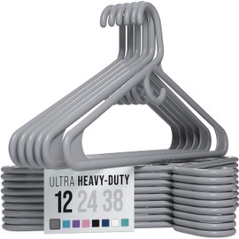 NEATERIZE Ultra Heavy Duty Plastic Clothes Hangers - Grey - Durable Coat, Suit and Clothes Hanger. Perchas De Ropa (12 Pack - Grey)