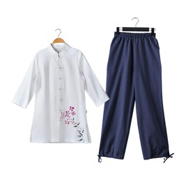 KSUA Womens Martial Arts Suit Cotton Tai Chi Uniform Chinese Kung Fu Clothing Wing Chun Clothes with Three Quarter Sleeves