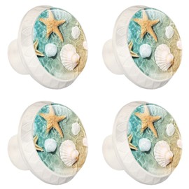 4 Pack Dresser Drawer Cabinet Knobs Beach Starfish Seashell Round Shape Crystal Glass Pulls Handles for Kitchen Wardrobe Cupboard Door Hardware with Screws