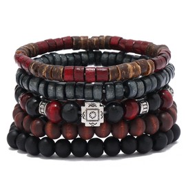 RUICHING Boho Beaded Bracelets, Wooden Bead Bracelet, 5PCS Black Red Multi-layer Bracelet Hippy Accessories Gifts for Men Women