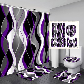 Nkzply 4 Pcs Purple and Black Shower Curtain Set Grey and White Bathroom Sets with Shower Curtain and Rugs Modern Striped Bathroom Decor Accessories Shower Curtains for Bathroom Toilet Lid Cover Hooks