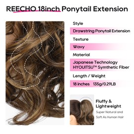 REECHO Ponytail Extension, 18 inch Drawstring Ponytail Hair Extensions Long Curly Wavy Clip in Pony Tail Synthetic Hairpiece for Women, Dark Brown with Highlights