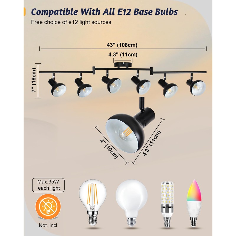 LTBLIGHT Track Lighting Fixtures Ceiling, 6-Head Adjustable LED Track Lighting