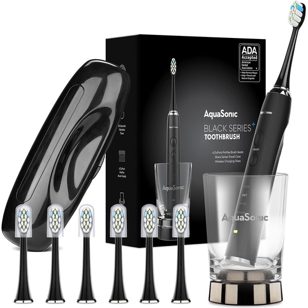 Aquasonic Black Series+ - Ultra Whitening 40,000 VPM Rechargeable Power Toothbrush – ADA Accepted - Wireless Charging Glass - 6 Proflex Brush Heads & Travel Case – 4 Modes & Smart Timer