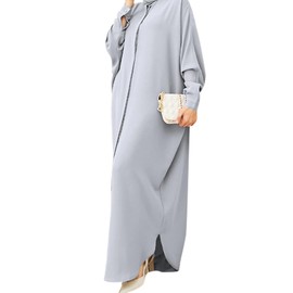 IKADEX Women Batwing Sleeve Abaya Button Loose Fit Long Maxi Muslim Dress Islamic Kaftan Prayer Robe Grey