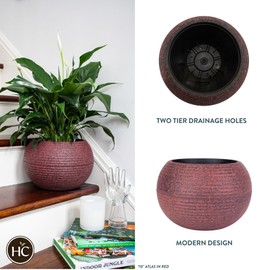The HC Companies 8 Inch Atlas Sphere Planter - Lightweight Decorative Round Indoor Outdoor Plastic Plant Pot for Herbs and Flowers, Red