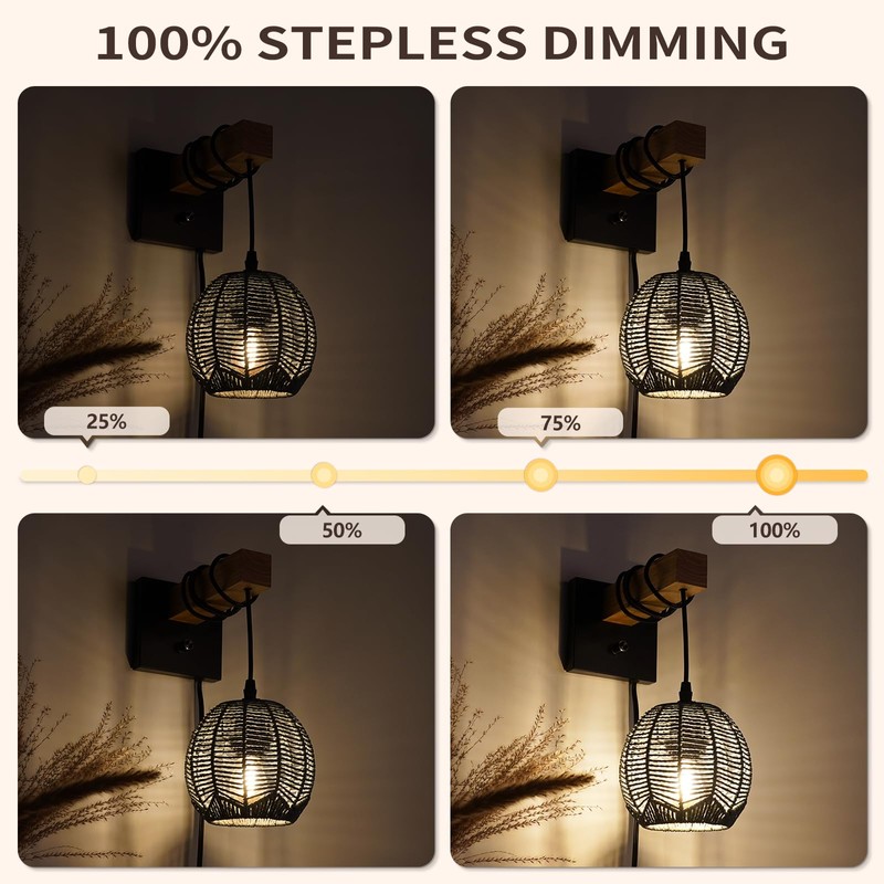 HYMELA N01 100% Dimmer Wall Sconce with Hand Woven Rattan